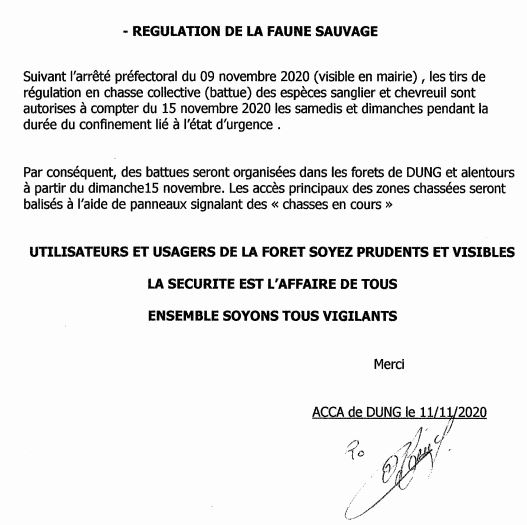 arrêté préfectoral sur la régularisation de la faune sauvage dung