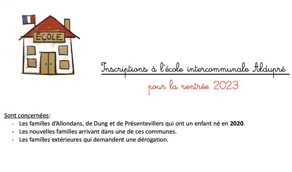 INSCRIPTIONS À L’ÉCOLE INTERCOMMUNALE ALDUPRÉ